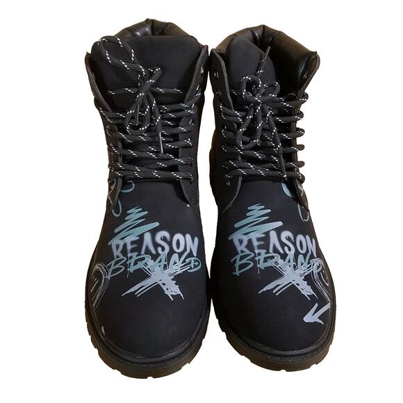 Reason Combat Boots Men’s 10.5 Black Graffiti Print Skull Flower Faux Suede main image 10